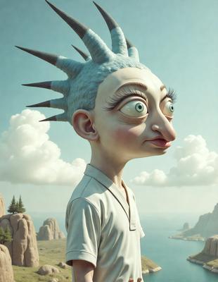 The primary subject of the image is a character with a blue, spiky hairdo, wearing a white shirt. The character is standing in front of a backdrop featuring a cloudy sky. The visual style of the image is digital art, as it appears to be a painting or drawing of a person. The colors and mood of the image are predominantly blue and somewhat eerie, with the character's spiky hair and the cloudy sky contributing to the overall atmosphere.